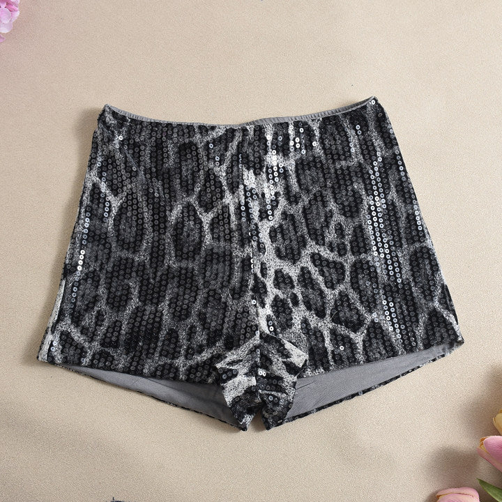 Leopard Print Sequin Mini Shorts