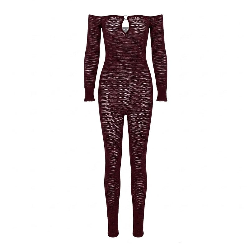 Off Shoulder Long Sleeve Mesh Jumpsuit