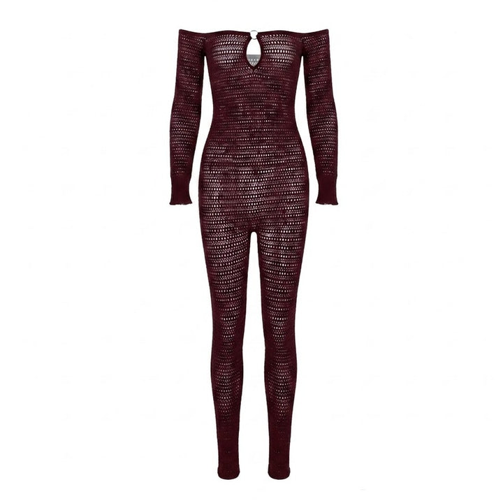 Off Shoulder Long Sleeve Mesh Jumpsuit