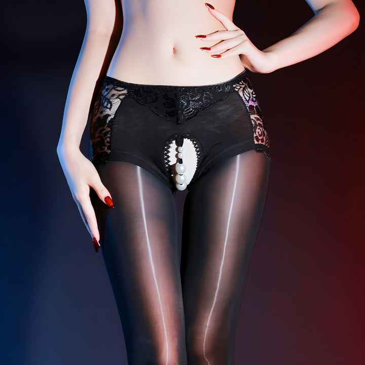 Open Crotch Pearl Lace Glossy Tights
