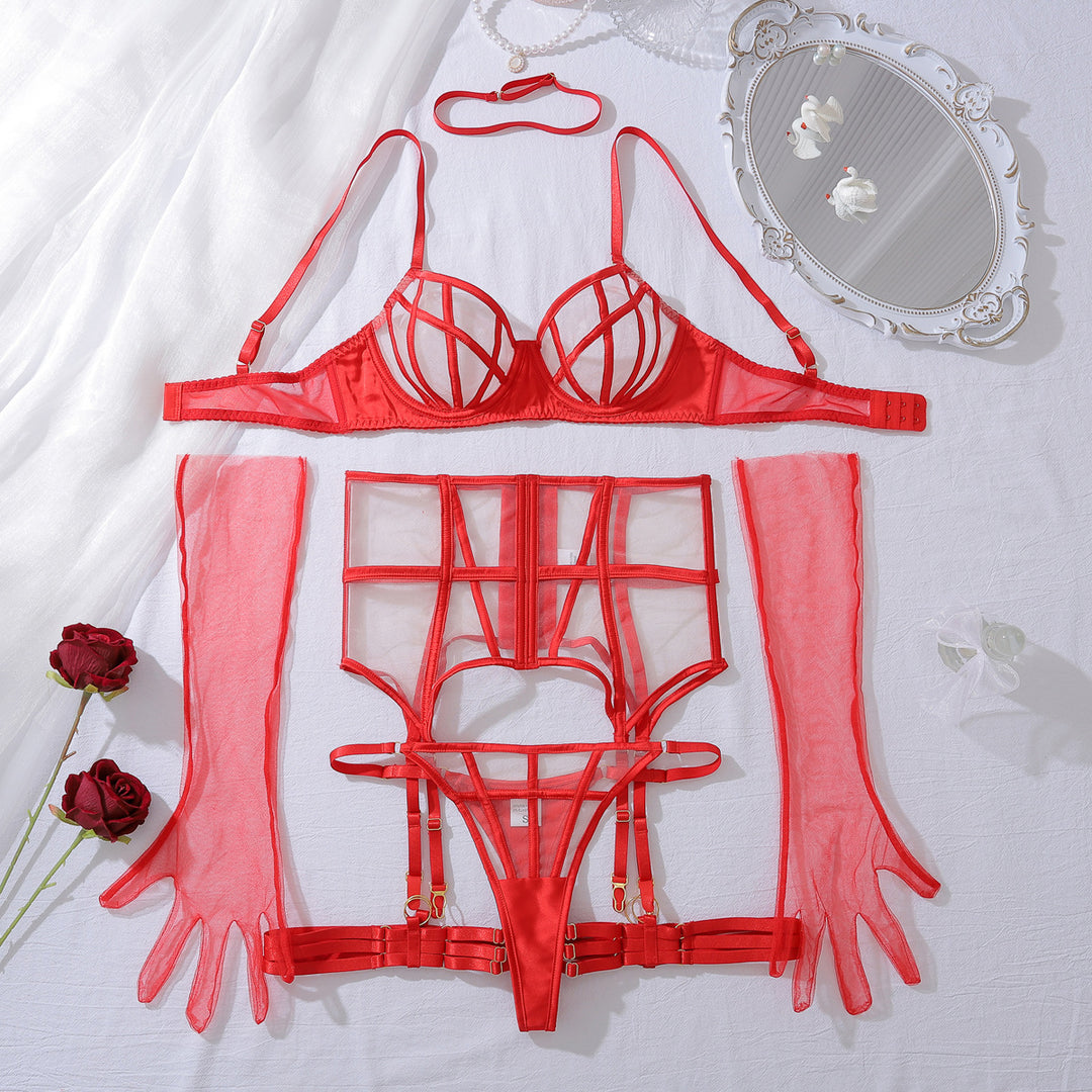 Strappy Sheer Mesh Garter Lingerie Set