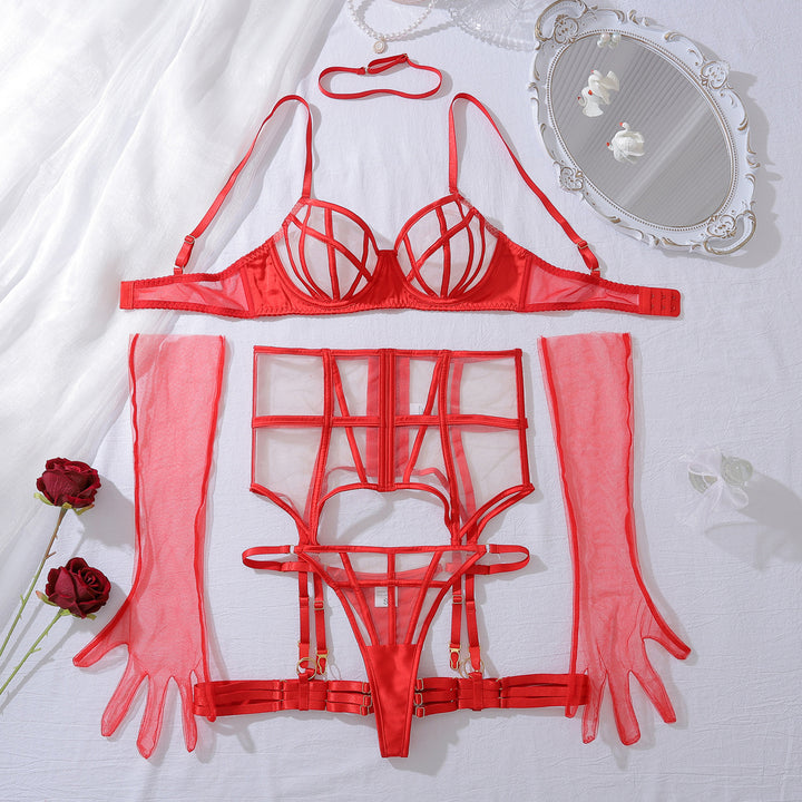 Strappy Sheer Mesh Garter Lingerie Set