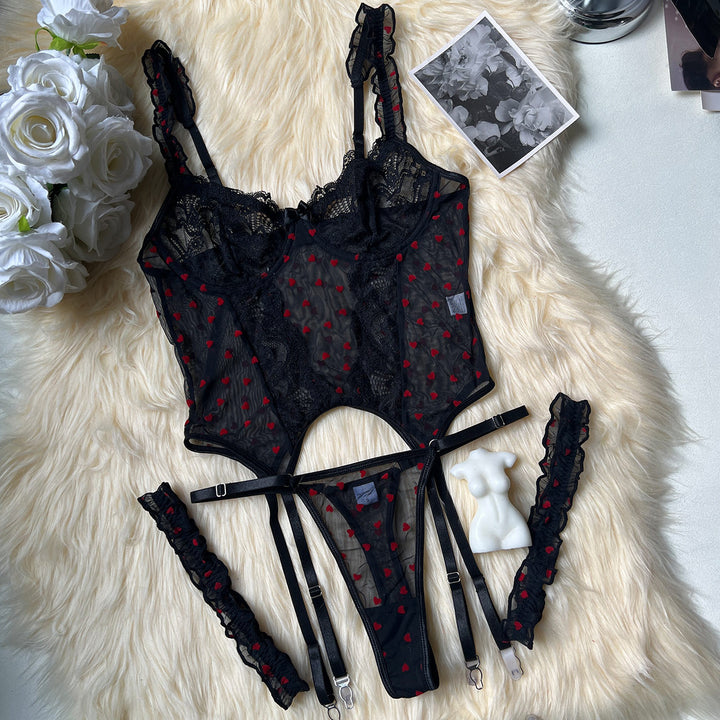 Heart Print Mesh Corset Lingerie