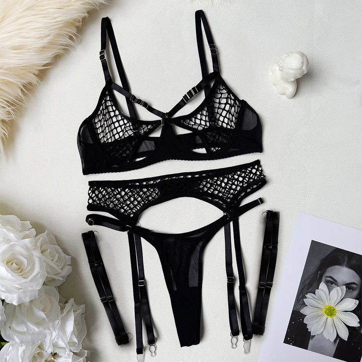 Fishnet Mesh Garter Lingerie Set