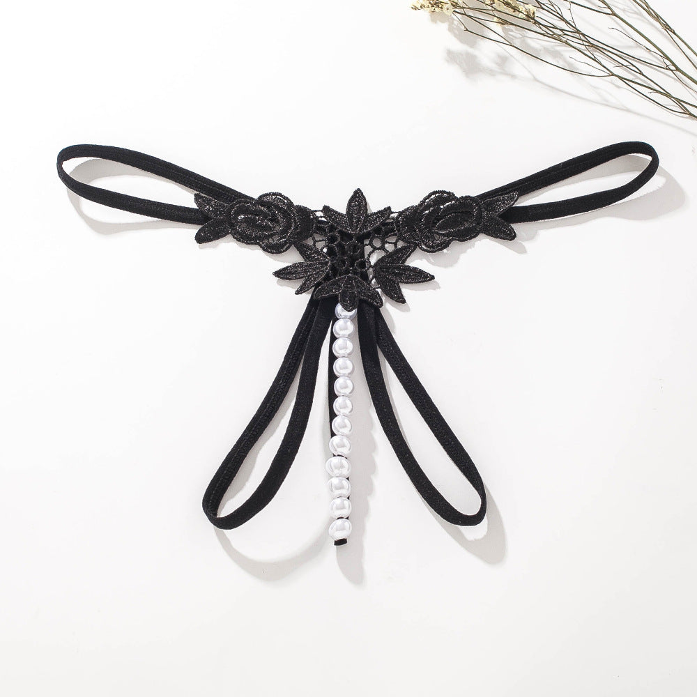Floral Lace Pearl Open Crotch G-String