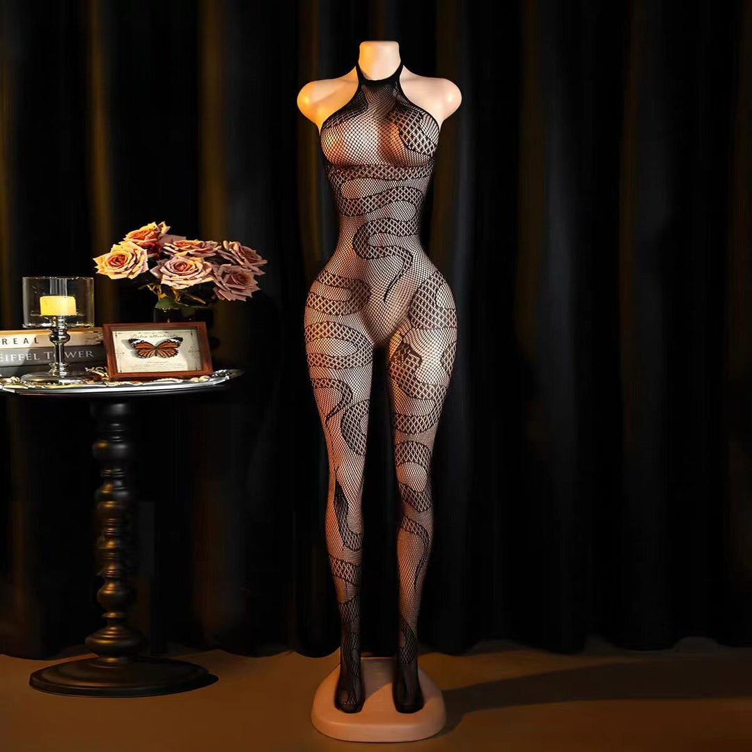Snake Pattern Halter Fishnet Bodystocking