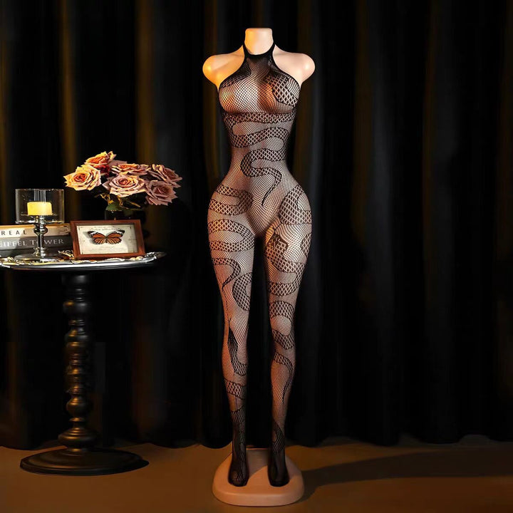 Snake Pattern Halter Fishnet Bodystocking