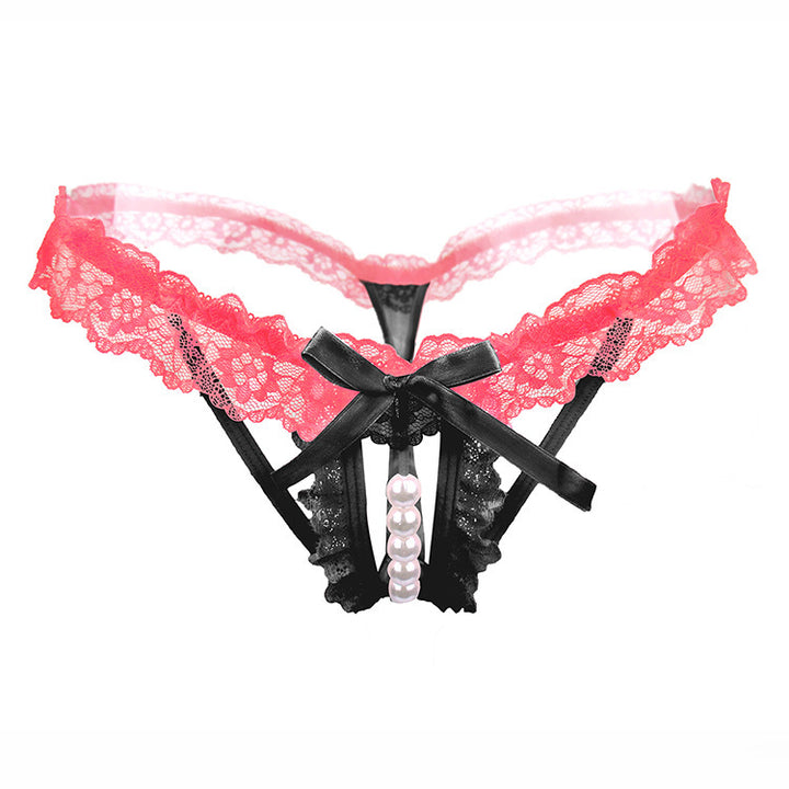 Pearl Beaded Lace Open Crotch Thong