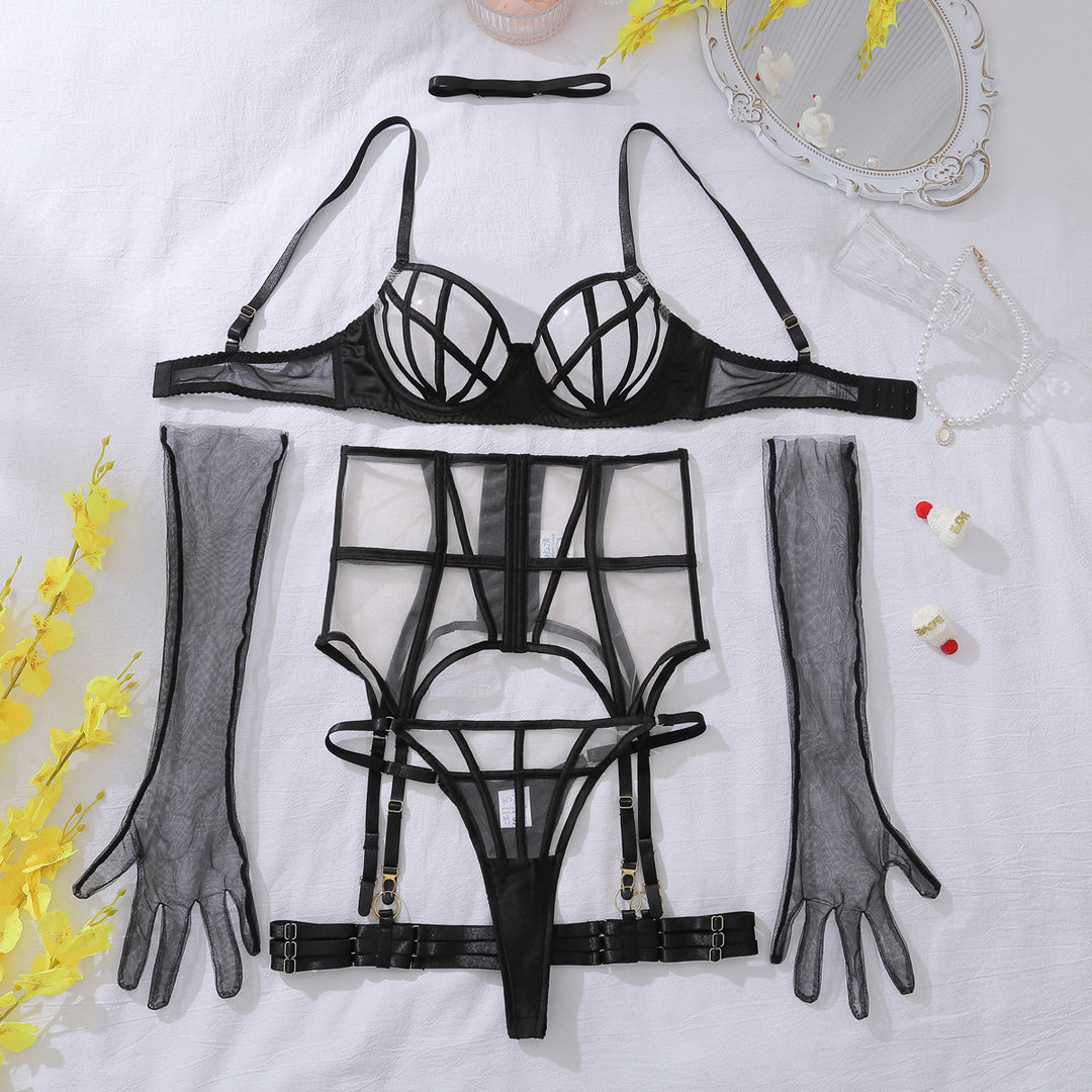 Strappy Sheer Mesh Garter Lingerie Set