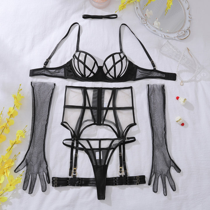 Strappy Sheer Mesh Garter Lingerie Set