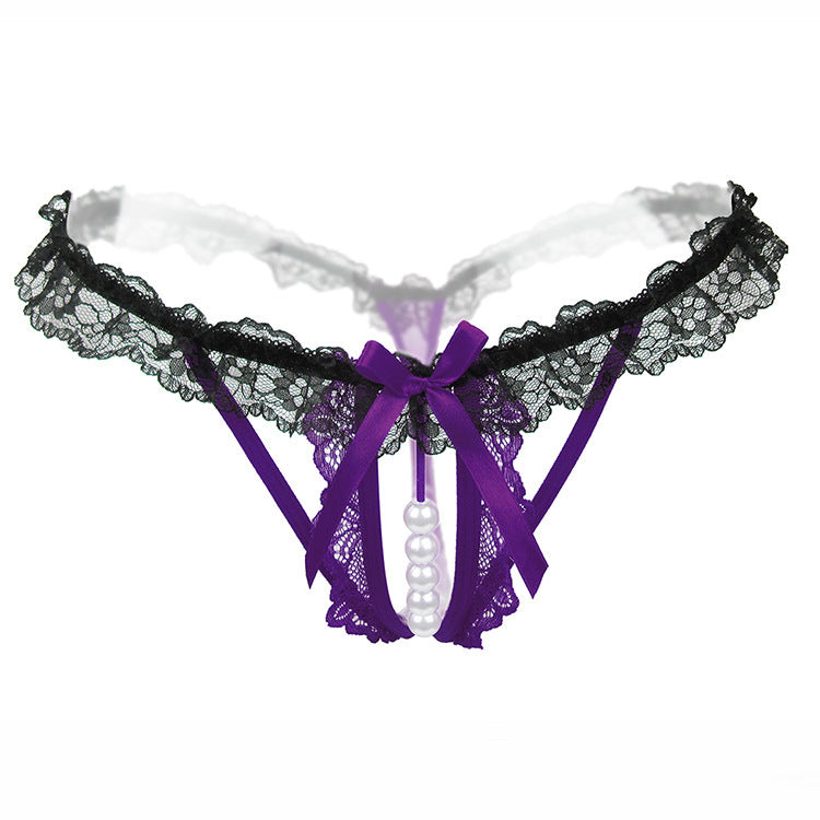 Pearl Beaded Lace Open Crotch Thong