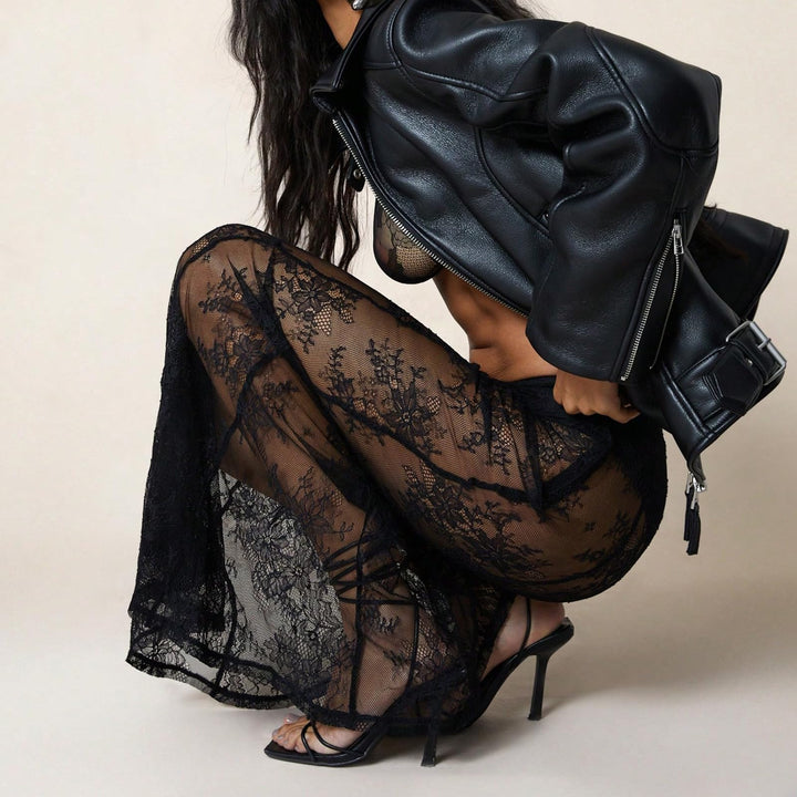 Sheer Intricate Floral Lace High-Waist Pants