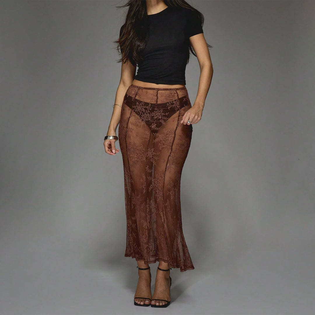 Sheer Intricate Floral Lace High-Waist Pants