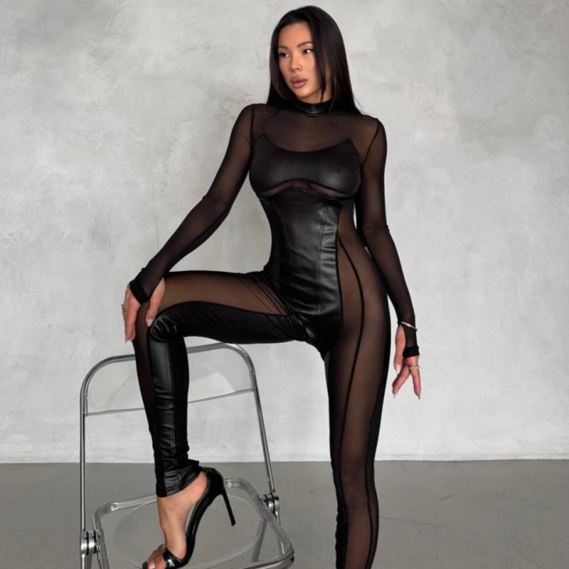 Leather Veil High-Neck Sheer Mesh Catsuit