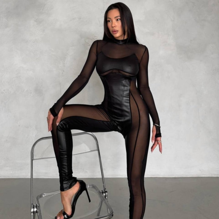 Leather Veil High-Neck Sheer Mesh Catsuit