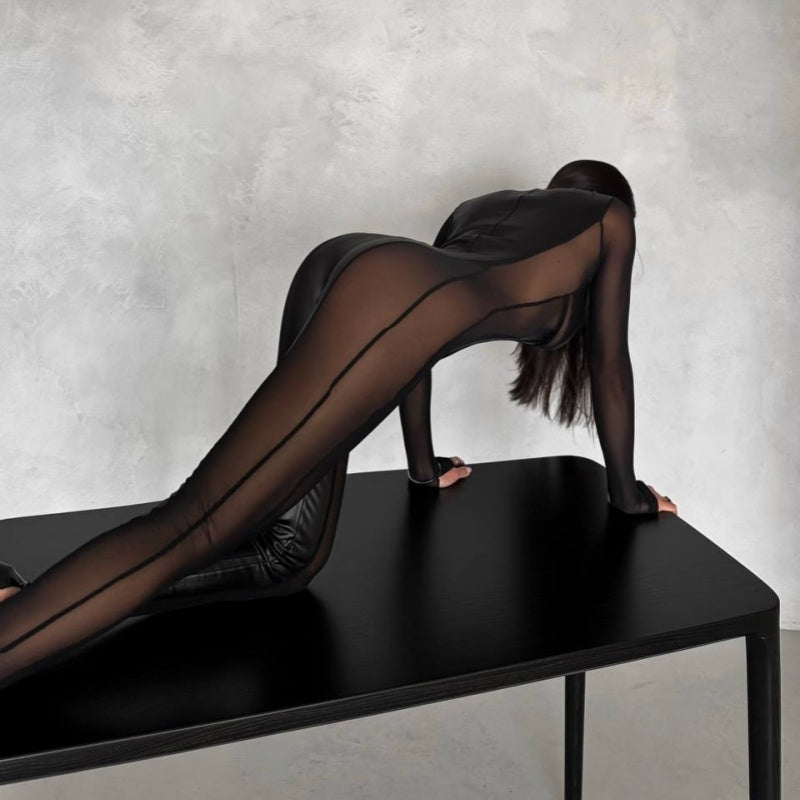 Leather Veil High-Neck Sheer Mesh Catsuit