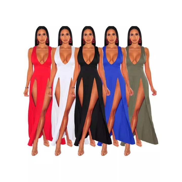 Deep V Neck High Slit Maxi Dress