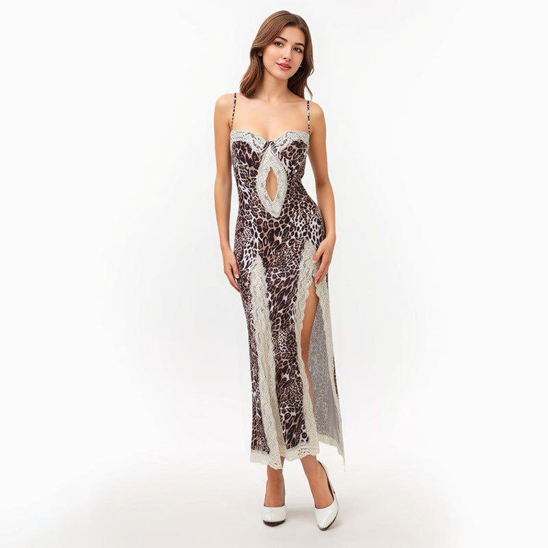 Bold Leopard Lace Split Maxi Dress