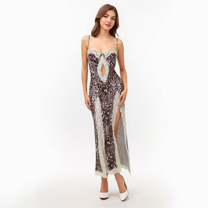 Bold Leopard Lace Split Maxi Dress