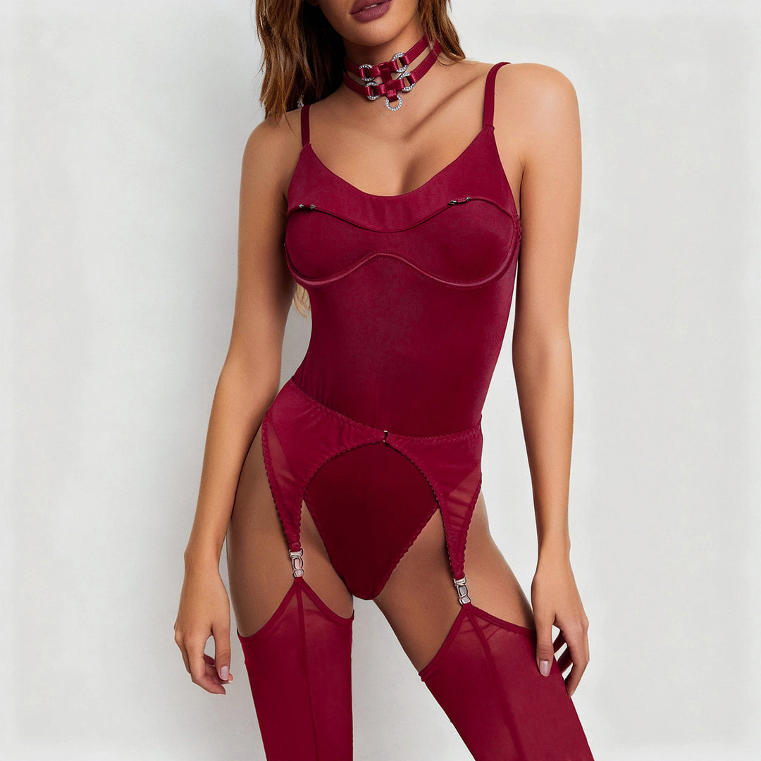 Buckle Choker & Garter Bodysuit Lingerie Set