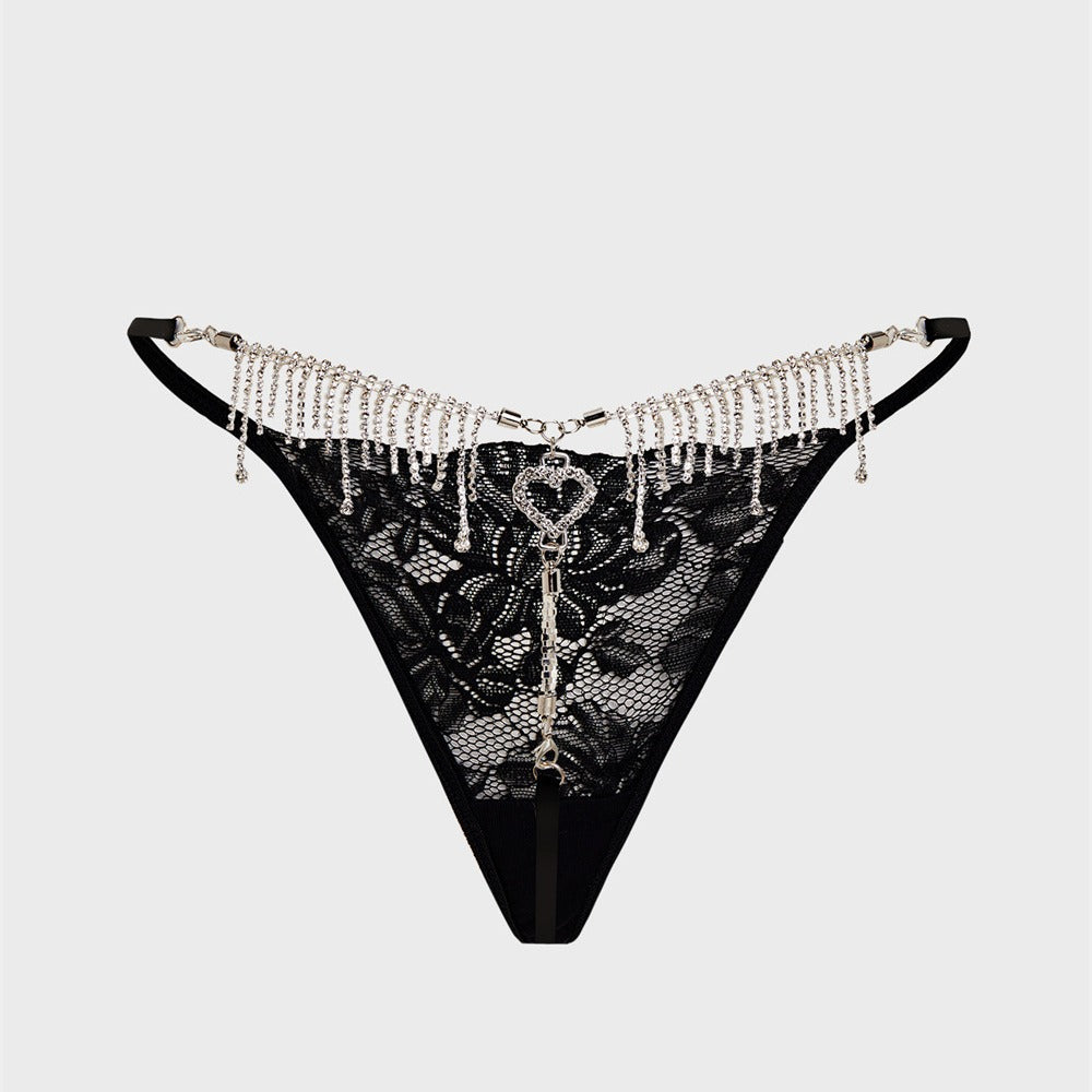 Rhinestone Heart Tassel Thong