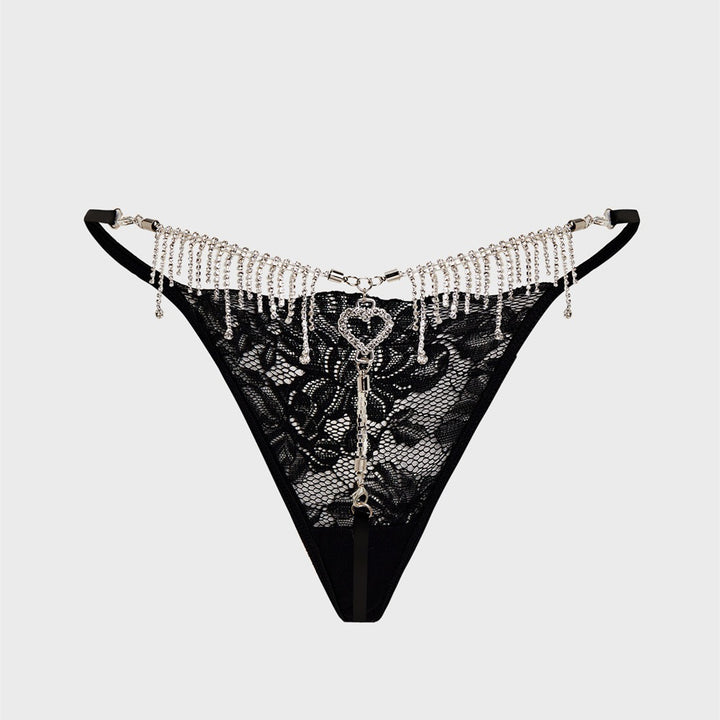 Rhinestone Heart Tassel Thong