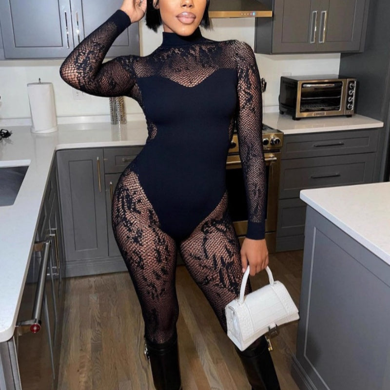 Sheer Floral Lace Mesh Long-Sleeve Bodysuit