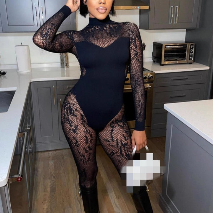 Sheer Floral Lace Mesh Long-Sleeve Bodysuit