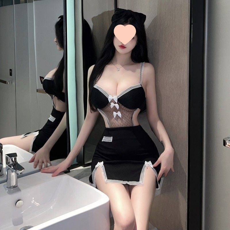 Bow Accent Mesh Cutout Mini Lingerie Dress