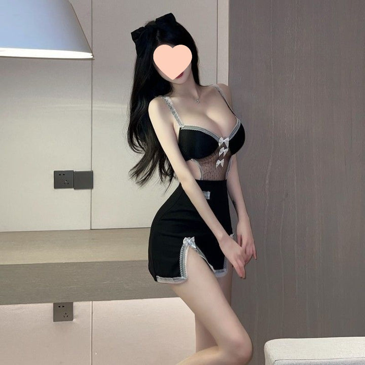 Bow Accent Mesh Cutout Mini Lingerie Dress