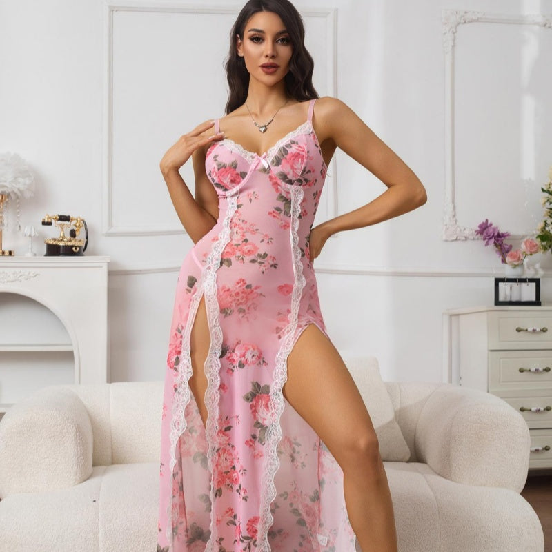 Sheer Lace V-Neck Side-Split Long Nightgown