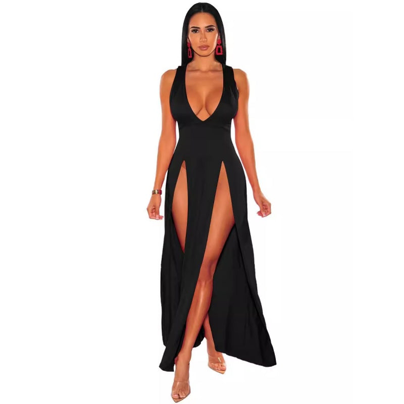 Deep V Neck High Slit Maxi Dress