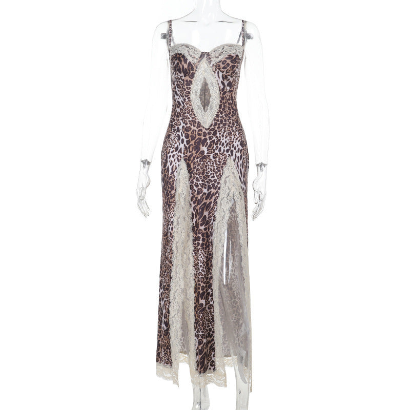 Bold Leopard Lace Split Maxi Dress