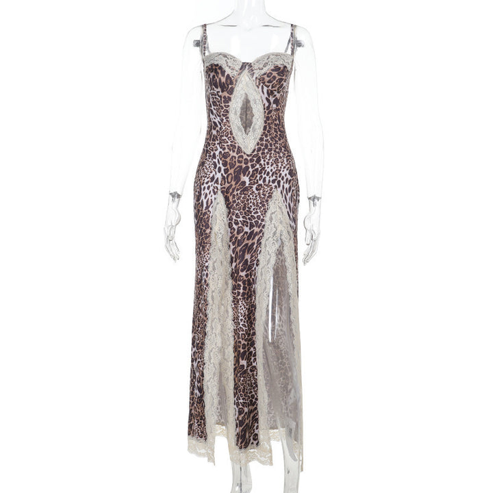 Bold Leopard Lace Split Maxi Dress