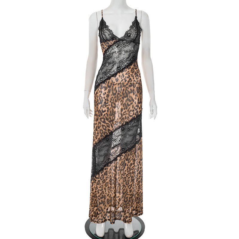 Leopard Print Lace Patchwork Deep V Mermaid Maxi Dress