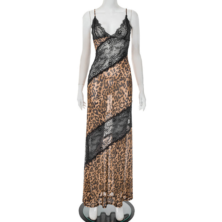 Leopard Print Lace Patchwork Deep V Mermaid Maxi Dress