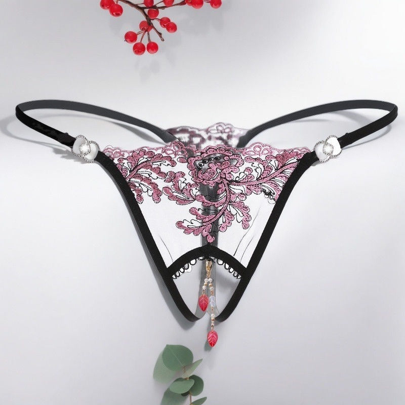 Floral Embroidery Sheer Thong