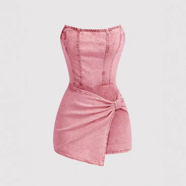 Strapless Corset Stitch Denim Skort Romper
