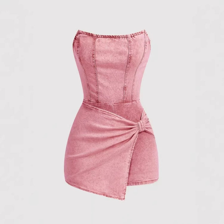 Strapless Corset Stitch Denim Skort Romper