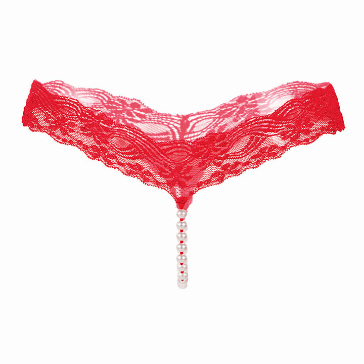 Pearl-Embellished Lace Thong