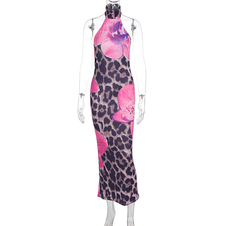 Halter Neck Leopard Floral Print Bodycon Maxi Dress