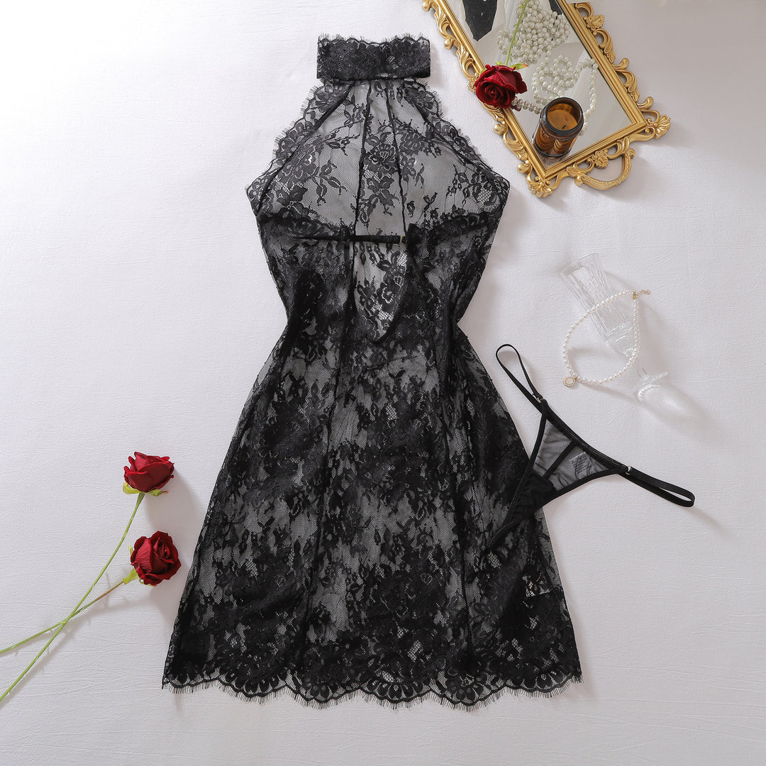 Seductive Sheer Lace Halter Mini Dress