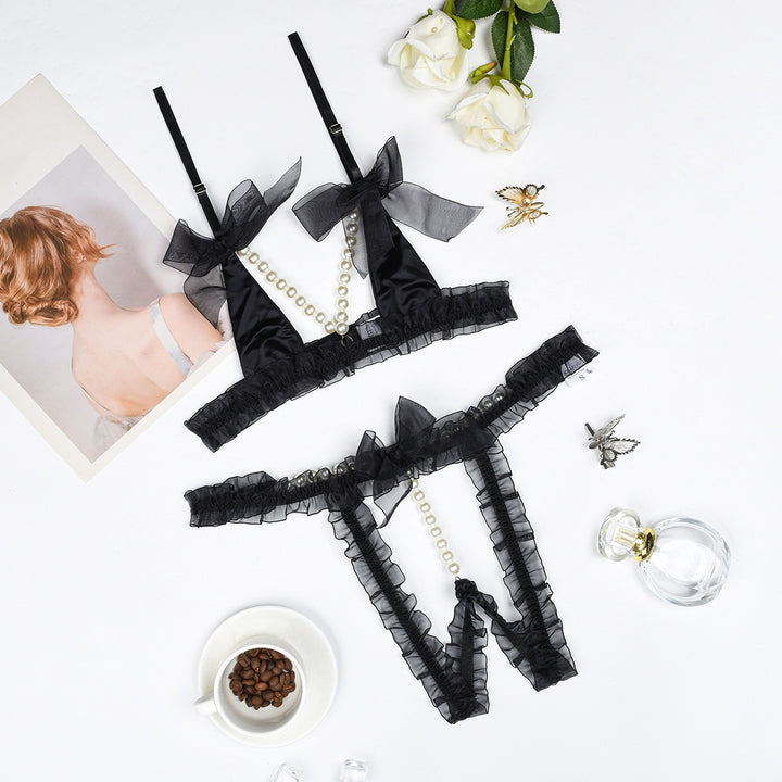 Pearl-Embellished Ruffle Lingerie Set