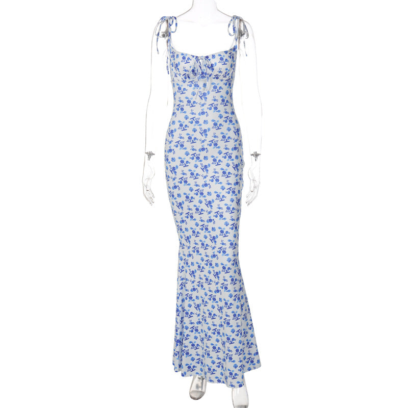 Tie‑Strap Ditsy Floral Mermaid Maxi Dress