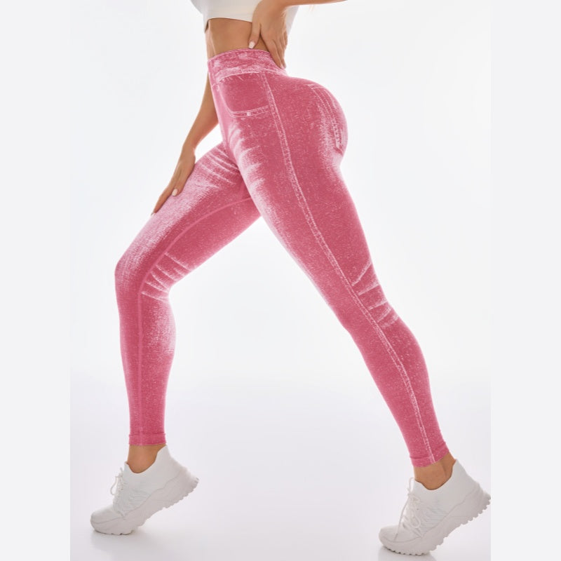High Waist Butt-Lift Faux Denim Print Yoga Leggings