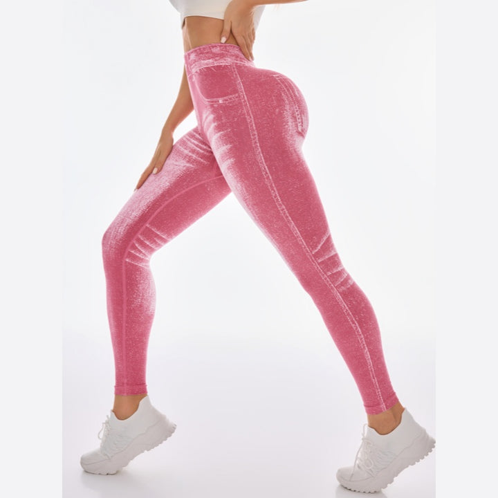 High Waist Butt-Lift Faux Denim Print Yoga Leggings