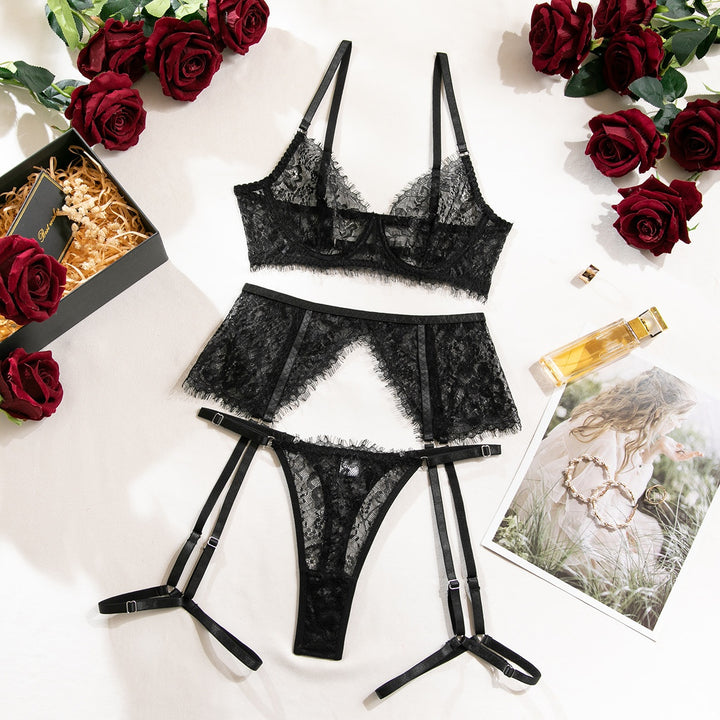 Pure Temptation Eyelash Lace Sheer Three-Point Lingerie