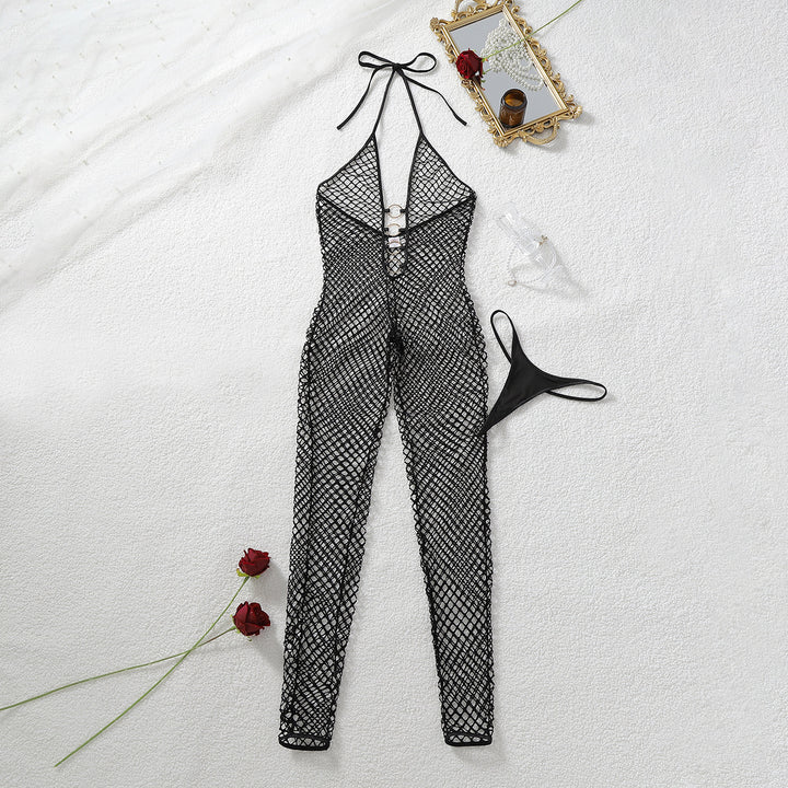 Cut-Out Fishnet Shaping Halter Tie-Up Bodysuit