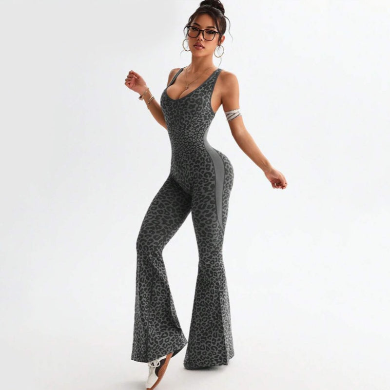 Leopard Print Scoop Neck Flare Leg Jumpsuit