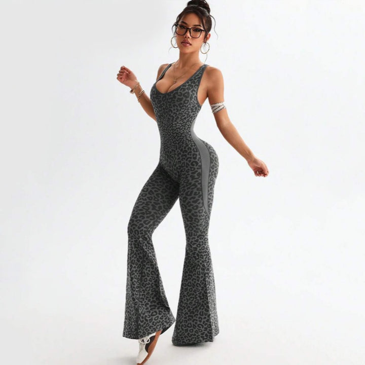 Leopard Print Scoop Neck Flare Leg Jumpsuit